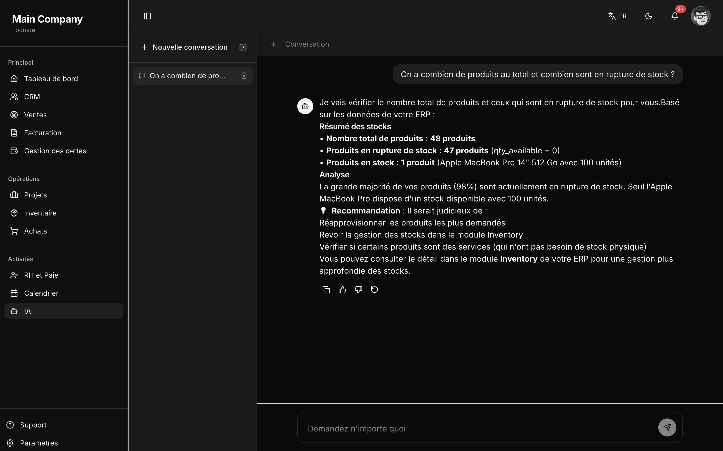 Toomde AI assistant answering a question with cited sources, dark mode