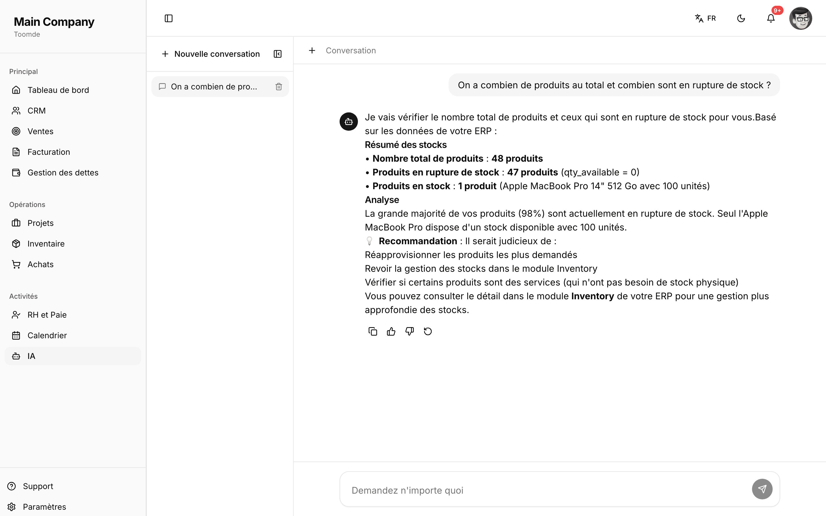 Toomde AI assistant answering a question with cited sources