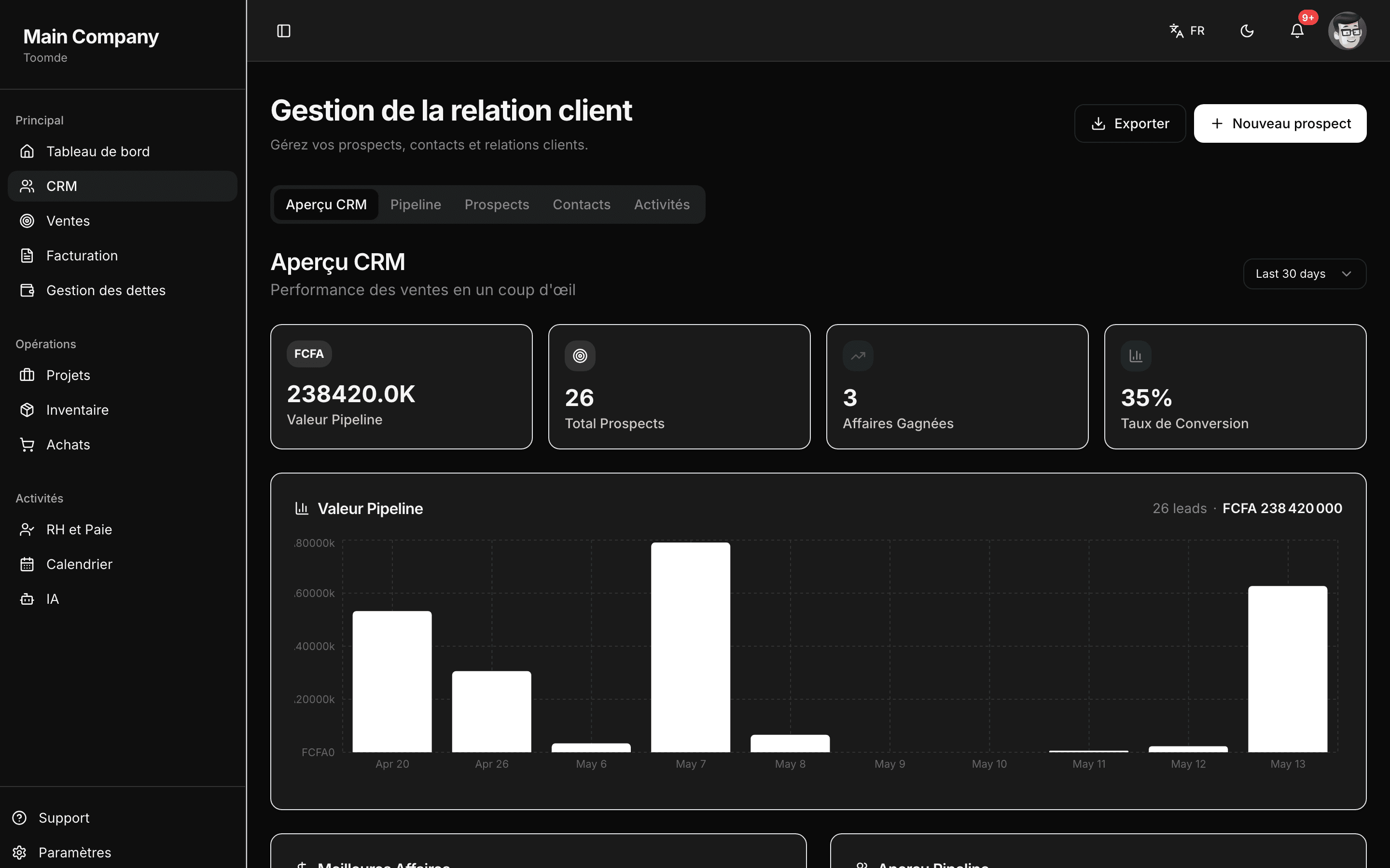 CRM in Toomde, dark mode