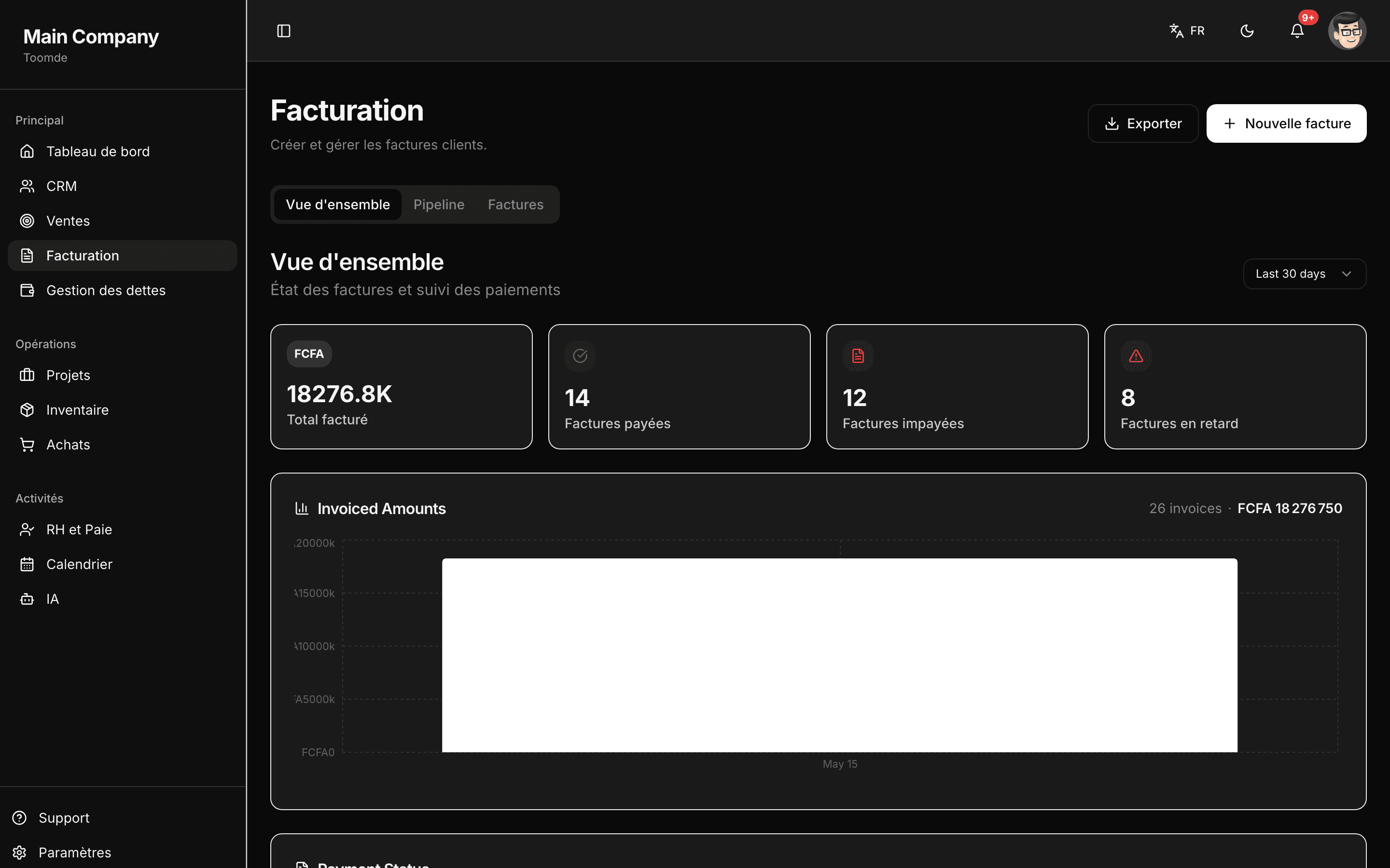 Facturation & Comptabilité in Toomde, dark mode