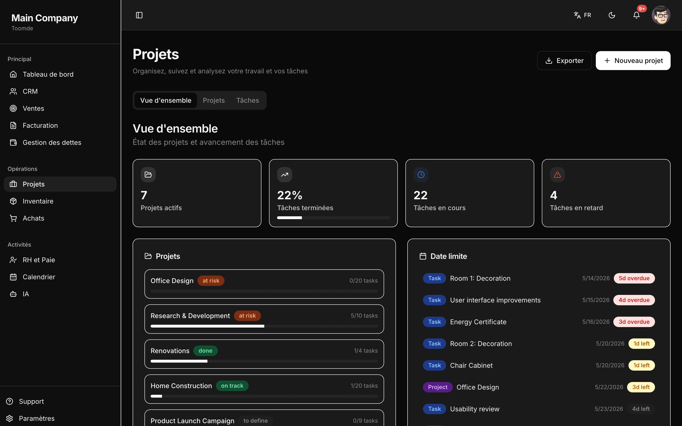 Projets in Toomde, dark mode